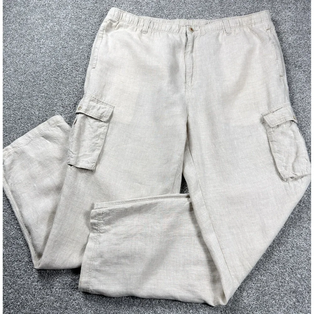 Tommy Bahama Relax Linen Cargo Pants Men XL Beige Drawstring Beach Casual